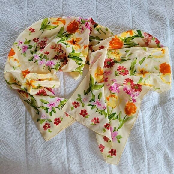 Floral Scarf Tulips Silky Orange Red Green Pink - Picture 1 of 6
